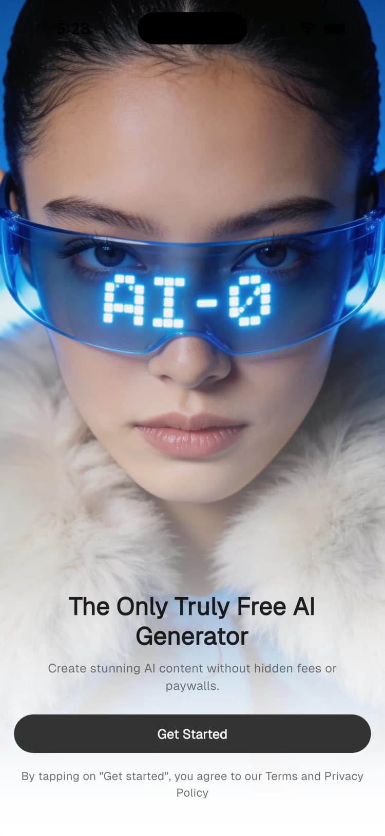 AI-0 mobile app showing image and video creation tools