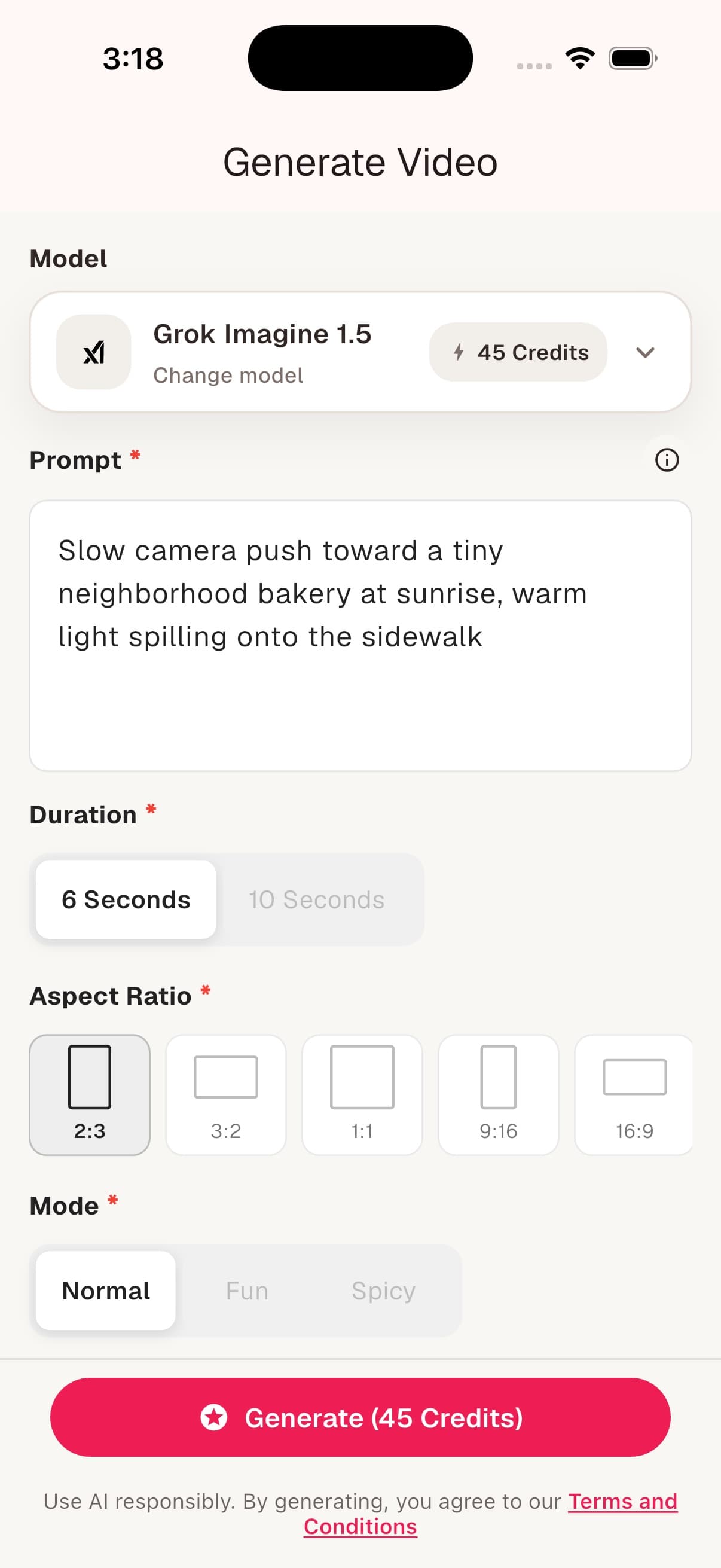 AI-0 Generate Video form showing Grok Imagine 1.5, six-second duration, settings, and a 45-credit total