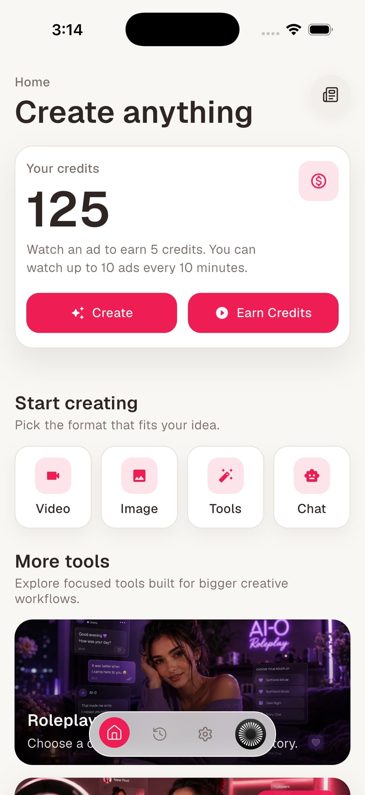 AI-0 iOS home screen showing a 125-credit balance, 5-credit rewarded ad, and Image and Video shortcuts